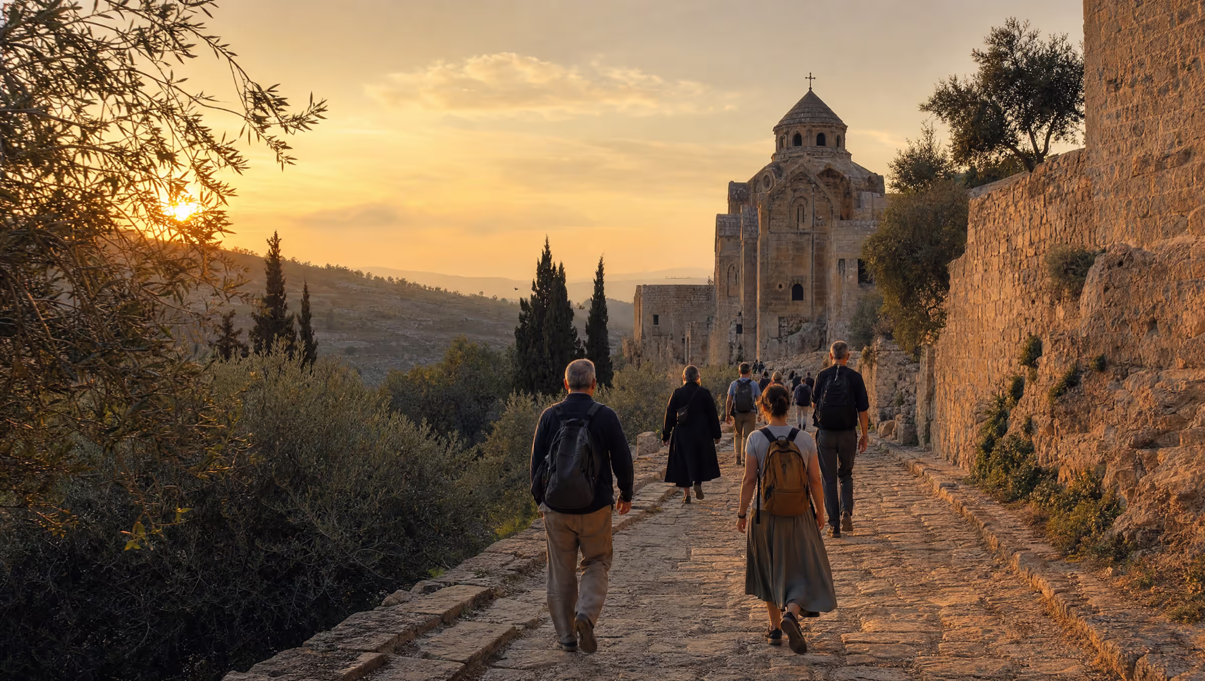 Pilgrims walking a stone path toward a hillside church at golden hour